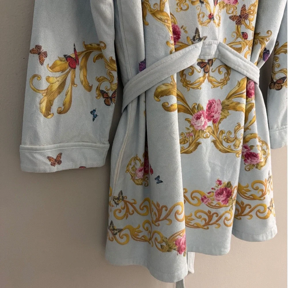 Wrap Up by VP Blue Baroque Women OSFM Butterfly Floral Micro-Terry Short Robe